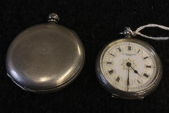 Silver engine-turned hunter pocket watch & a smaller open face watch with gilt Roman dial (2)